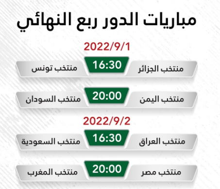 جدول مباريات الدور الربع النهائي كأس العرب للناشئين 2022