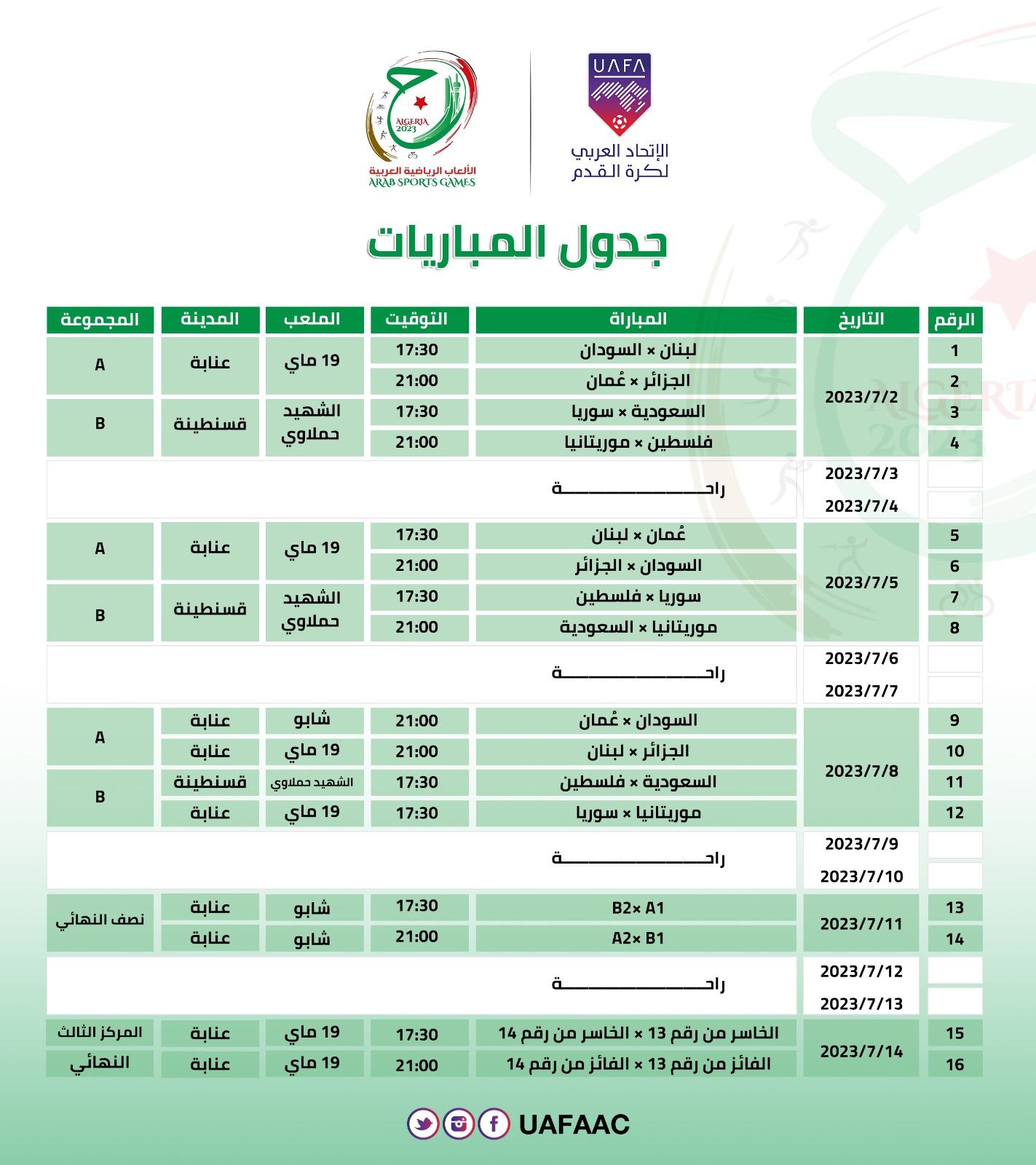 جدول مباريات المنتخبات في بطولة الالعاب العربية 2023 التي تحتضنها الجزائر